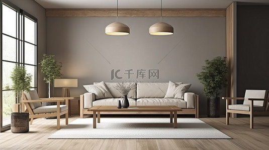室内场景 3D 渲染木墙装饰的客厅栩栩如生