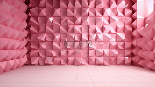 带粉红色钻石图案的四边形瓷砖墙的 3D 渲染