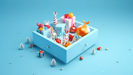 蓝色背景礼品盒中的喜庆 3D 圣诞元素