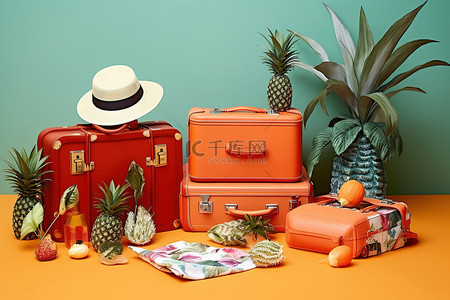 的行李箱背景图片_夏日色彩的配件和行李箱