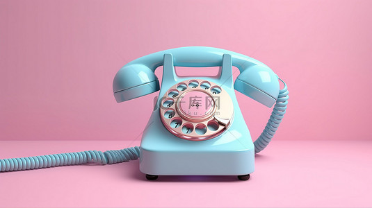 3D 渲染的柔和背景上的复古粉色拨号电话