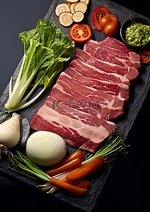 板板肉背景图片_上面放着一盘肉和蔬菜