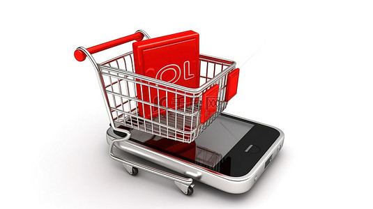 电子购物背景图片_带销售标志和手机的白色背景购物车手推车的 3D 渲染