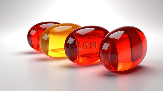 四个深红色和琥珀色医疗胶囊的充满活力的 3D 渲染投射在带有阴影的白色背景上