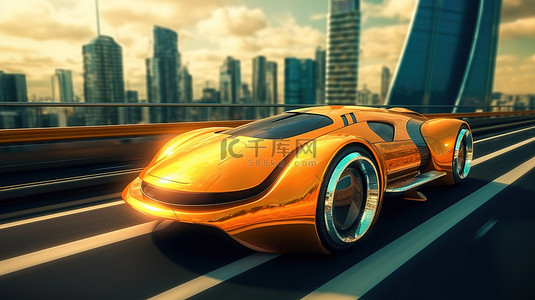 虚拟宇宙城市高速公路上一辆未来汽车的 3D 渲染