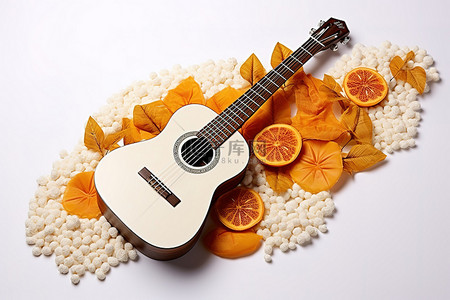 白色背景上有米和橙叶的尤克里里吉他