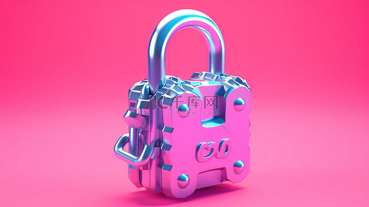 双色调巨型复古粉色挂锁，蓝色背景 3D 渲染