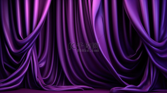 精致别致的深紫色背景，带有优雅的褶皱窗帘和 3D 渲染漩涡