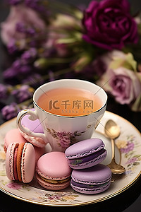伯爵红茶背景图片_红茶马卡龙茶杯和杏仁饼