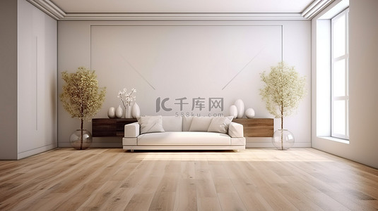 一个极简主义的空房间，带有一丝自然的白色墙壁花瓶，植物和沙发在木质层压地板上 3d 渲染
