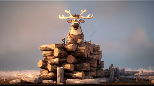 拎包向上背景图片_3D 卡通描绘了一只站在烟囱上拎着袋子的木制驯鹿