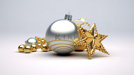 喜庆的金色和银色球，带有圣诞节和新年装饰品的星星，在 3D 呈现的白色背景上