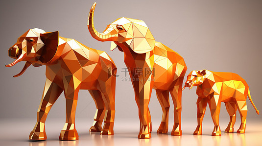 大象鹿和长颈鹿的低多边形金色 3D 模型
