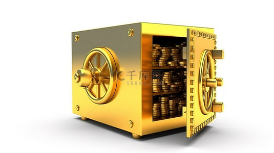 带有黄金货币标志的白色钢制保险箱的 3D 渲染