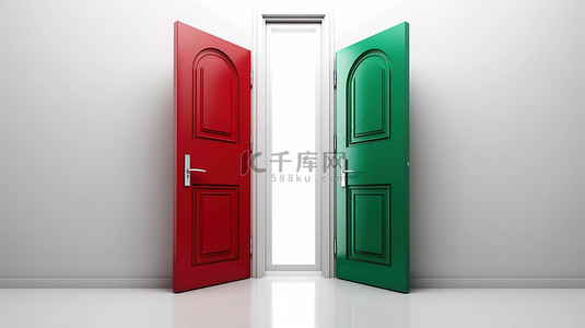 红色门背景图片_决定正确和错误的 3D 插图，红色和绿色的门由白色背景上的大问号分隔