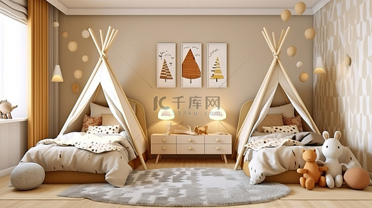 3d渲染白色床背景图片_两个孩子共用卧室的 3D 渲染