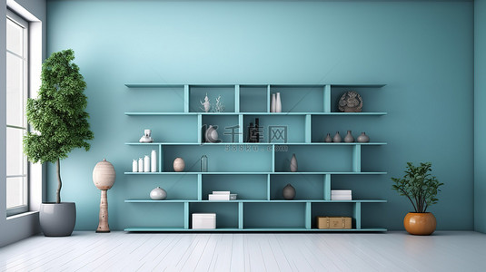 简约的日式蓝色房间，配有 3D 渲染的架柜