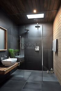 洗手池内图片背景图片_深灰色小屋内的浴室，铺有木地板