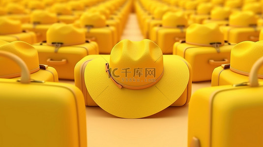 旅行主题 3D 渲染黄色手提箱在一系列帽子中