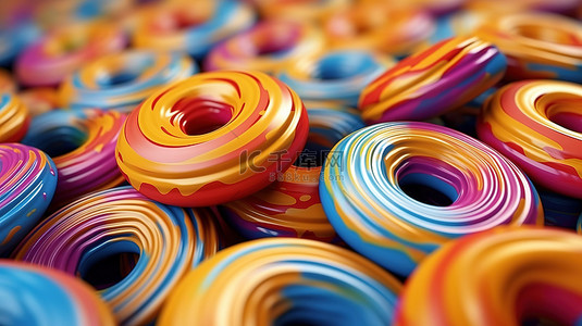 充满活力的 3D 渲染背景的彩色抽象甜甜圈