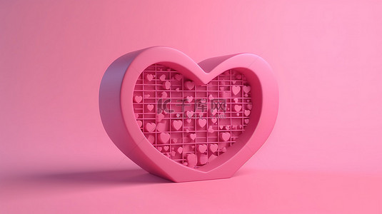 粉红心形文本框的前视图，带有爱社交媒体图标 3D 渲染