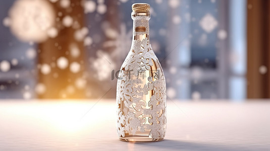 3D 渲染香槟瓶与白色雪花的插图，祝圣诞节快乐，新年繁荣