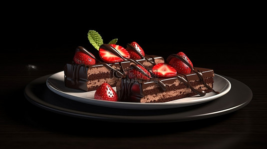 巧克力蛋糕美食背景图片_在 3D 渲染中淋上新鲜草莓的一盘巧克力蛋糕片