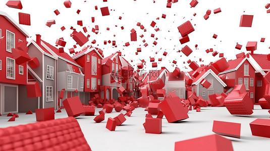 3D 动画中，一群深红色的房屋落在空白画布上