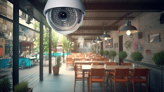 闭路监控系统背景图片_在 3d 渲染中具有餐厅背景的闭路电视摄像机