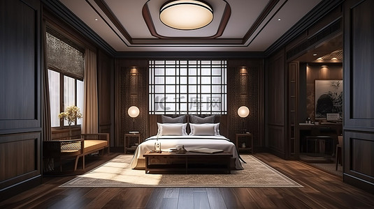 酒店床背景图片_度假村酒店精致的中式卧室套房 3D 渲染