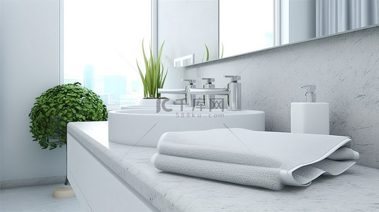 时尚白色浴室台面的 3D 渲染，有足够的空间放置毛巾和配件
