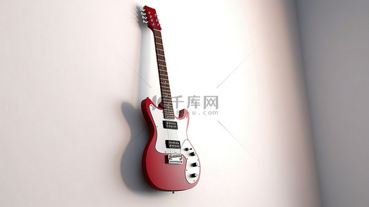 摇滚音乐背景背景图片_白色背景上靠在墙上的红白六弦电吉他的 3D 渲染
