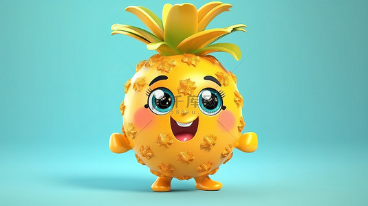可爱又快乐的菠萝果实，采用 3D 卡通形式，具有切片