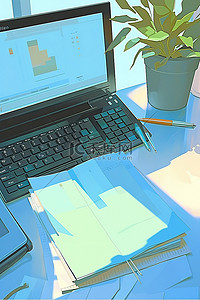 桌上办公用品背景图片_小办公桌上放着一台带文件和笔的笔记本电脑