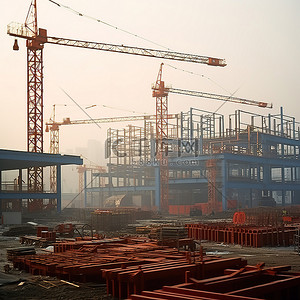 钢结构背景图片_有钢结构和多台起重机的建筑区域