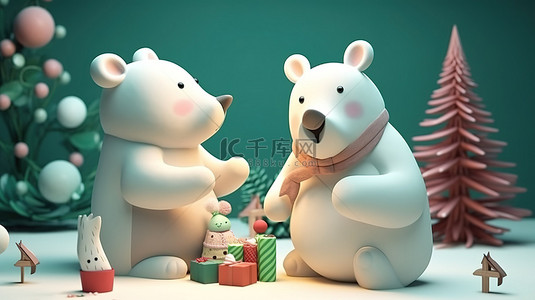 创建可爱的熊和兔子与您一起庆祝圣诞节的节日场景 3D 渲染