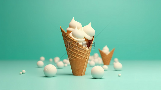 绿松石背景，带有 3D 渲染的牛奶冰淇淋和简约风格的甜威化锥