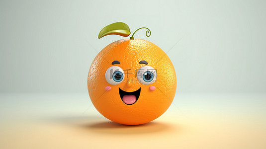 可爱的 3D 插图，一个快乐的橙色水果卡通片，表情迷人