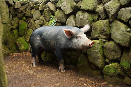 一头猪站在石墙旁边，上面长着树木