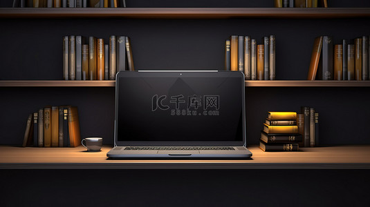 黑色架子背景上显示的笔记本电脑的 3D 插图