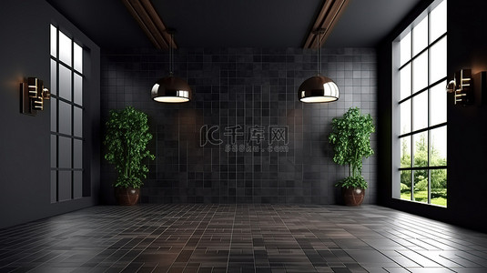 马赛克黑色背景图片_工作室办公室花岗岩上黑色马赛克瓷砖墙设计的时尚 3D 渲染