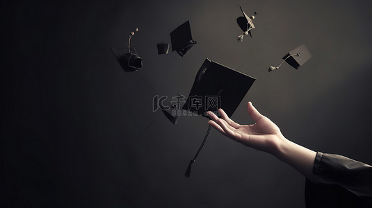 学校毕业生用抛出的毕业帽庆祝 3d 渲染插图