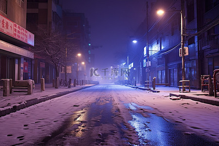 在一座雪城里，一条白色的街道夜间铺有积雪