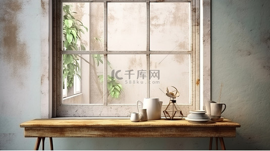 风化墙壁背景图片_质朴的咖啡角，配有风化窗框 3D 可视化
