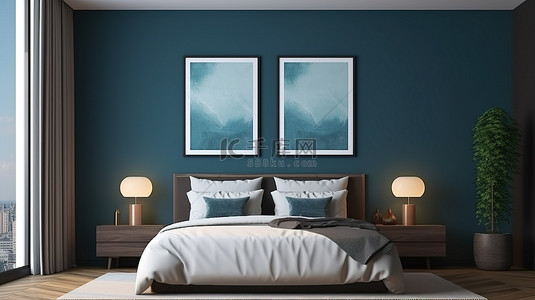 深蓝色海背景背景图片_现代卧室氛围，配有海报框架模型和空的深蓝色墙壁 3D 渲染