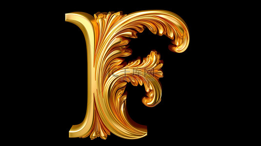 脚本背景图片_3D 渲染手写体中的金色脚本字母 F
