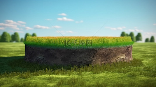 草甸中的圆形土地讲台，3D 渲染中土壤和绿草的横截面与蓝天相对