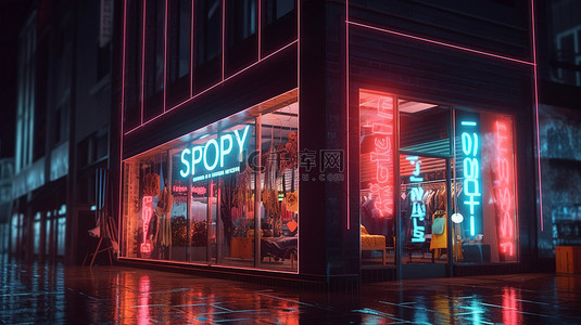 3D 渲染夜间商店展示，以销售横幅为特色