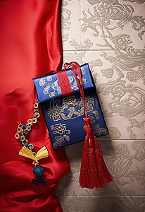 文字传统背景图片_一个盒子，上面有一个红色和蓝色的袋子，上面有一个古老的中文文字