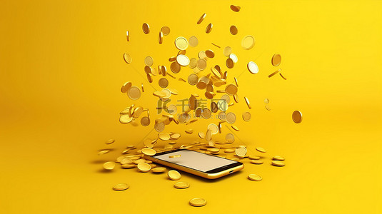 金币在充满活力的黄色背景 3D 渲染上围绕手机旋转